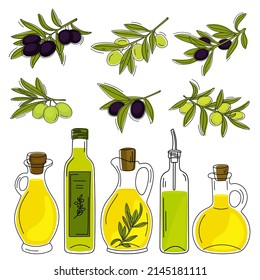 Set of hand drawn olive branches and bottles with olive oil. Vector illustration.