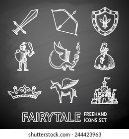 Set of hand drawn on chalkboard fairytale (game) icons with - sword, bow, shield, knight, dragon, princess, crown, unicorn, castle. Vector