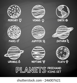 Set of hand drawn on a chalkboard planet icons with names and astronomical symbols - mercury, Venus, earth, mars, Jupiter, Saturn, Uranus, Neptune, Pluto. Vector