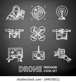 Set of hand drawn on a chalkboard drone icons - drone with box, drone top view, surveillance drone, navigation, map, controllers, tablet and smartphone apps. Vector