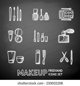 Set of hand drawn on a chalkboard makeup icons - mascara, polish, powders, lipsticks, perfume, lotions, comb, nail clipper. Vector