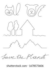 Set of hand drawn one line drawings of cat, dog, house, forest and text. Can be used in print or textile. Vector illustration isolated on white background.