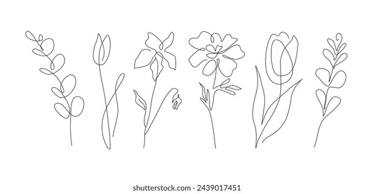 Conjunto de una línea dibujada a mano flor abstracta, hierba de la boda, hoja, flor silvestre para el logotipo o el tatuaje. Dibujo minimalista de arte lineal para impresión, cubierta. Ilustración de vector