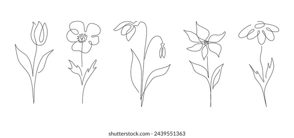 Set of hand drawn one line abstract flower, wedding herb, leave, wildflower for logo or tattoo. Minimal line art drawing for print, cover. Vector illustration