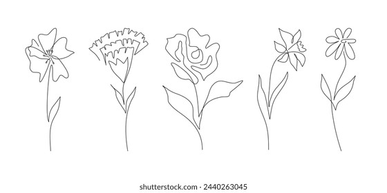 Conjunto de una línea dibujada a mano flor abstracta, hierba de la boda, hoja, flor silvestre para el logotipo o el tatuaje. Dibujo minimalista de arte lineal para impresión, cubierta. Ilustración de vector