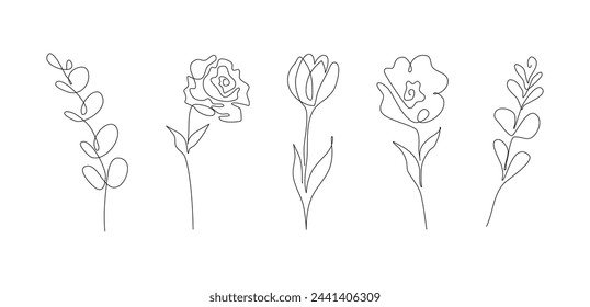 Set of hand drawn one line abstract flower, wedding herb, leave, wildflower for logo or tattoo. Minimal line art drawing for print, cover. Vector illustration