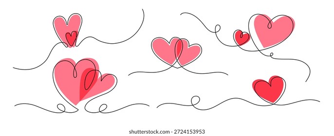 Set of hand drawn one line hearts with pink and red fills, minimal romantic doodle elements with flowing lines, perfect for Valentine designs, cards, posters, stickers and love themes.