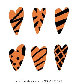 Set of hand drawn orange hearts with black stripes and dots. Modern tiger print. 