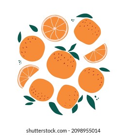 handgezeichnete Orangen, die mit Blättern verziert sind, einzeln auf weißem Hintergrund. Gut für Aufkleber, Drucke, Karten, Poster, Banner, Produktdekoration, Verpackung usw. EPS10