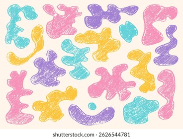 Set of hand drawn organic liquid crayon shapes and forms. Childish fluid crayon elements. Doodle geometric crayon shapes in retro style.	