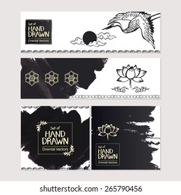 Set of hand drawn oriental banners. Vintage frame, oriental decorations. Vector illustration.