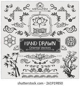 Set of hand drawn oriental brushes. Vintage frame, oriental decorations. Vector illustration.