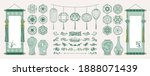Set of hand drawn oriental elements. Asian hanging scrolls and lanterns. Ceramic vases, Traditional patterns, Oriental decorations. Vector illustrations.
