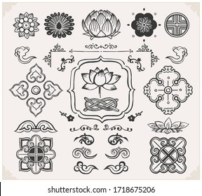 Set of hand drawn oriental elements. Black mandalas and lotus. Asian traditional design. 