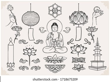 Set of hand drawn oriental elements. Sitting Buddha with hands and lotus. Asian traditional design. 