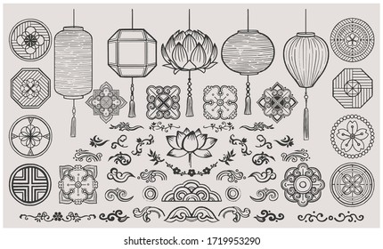 Set of hand drawn oriental elements. Asian lanterns and traditional patterns.
