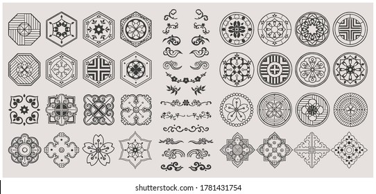 Set of hand drawn oriental elements. Black mandala / Asian traditional design. 