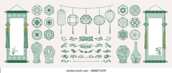 Set of hand drawn oriental elements. Asian hanging scrolls and lanterns. Ceramic vases, Traditional patterns, Oriental decorations. Vector illustrations. - Shutterstock ID 1888071439