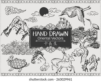 Set of hand drawn oriental elements. - The ten traditional Symbols of Longevity. brushes. Vector illustration.