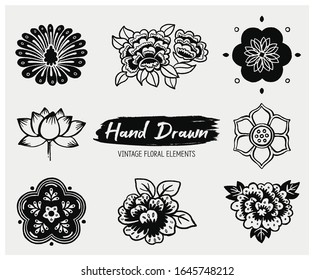 Set of hand drawn oriental flower elements. Vintage floral elements. Traditional Korean patterns. Vector illustration. 