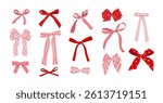 Set of hand drawn ornamental bows, bow knots, bow ties, ribbons, hair bows. Festive isolated elements on white background. Red and pink bow collection in flat style for celebration designs. Vector