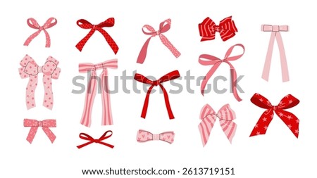 Set of hand drawn ornamental bows, bow knots, bow ties, ribbons, hair bows. Festive isolated elements on white background. Red and pink bow collection in flat style for celebration designs. Vector