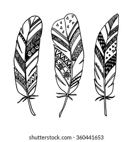 Set of hand drawn ornamental feathers, line art, zentangle inspired vector illustration 
