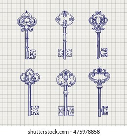 Set of hand drawn ornamental keys. Sketch on the notebook page, vector illustration