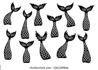 Set of hand drawn ornamental mermaid's tail silhouettes. Doodle cartoon vector illustration isolated on white background.