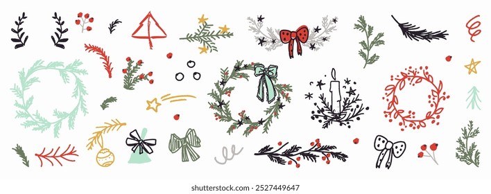 conjunto de mão desenhada ornamental inverno elementos de natal: coroas de Natal, vela, árvore, ramos, arcos, sino, decorações. Doodle elementos infantis. coleção de vetores de artes clipe festivas de Natal.