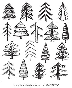 Set of hand drawn ornate Christmas trees isolated on white background. Vector collection of new year symbols in graphic doodle style.