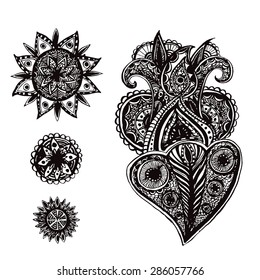 Set of hand drawn ornate doodle elements with mandalas. Vector tribal design graphics, black and white, isolated on white background.