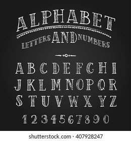 Set Of Hand Drawn Ornate Letters And Numbers. English Uppercase Grunge Serif Font. Vector White Chalk Lettering Design. 