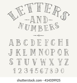 Set of hand drawn ornate letters alphabet. English uppercase serif font and numbers.
