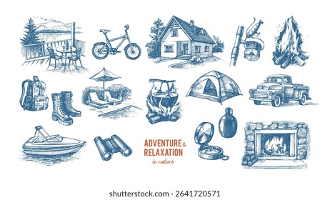Set of hand drawn outdoor adventure elements. House, tent, fireplace, camping gear, lake, fire, and nature. Outdoor, tourism, adventure design. Vintage engraved vector illustration