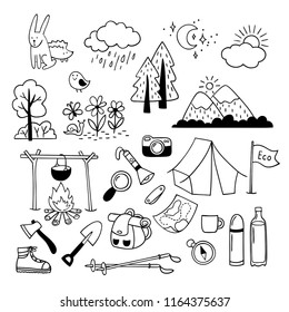 Set Of Hand Drawn Outdoor Camping Equipment Icons, Hiking, Mountain Climbing. Camping Doodle Elements.