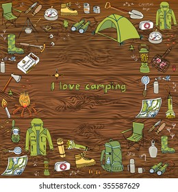 Set of hand drawn outdoor camping equipment symbols and icons, hiking, mountain climbing Camping doodle elements Vector illustration Camp clothes, shoes, gear, fireplace Camp associated things on wood