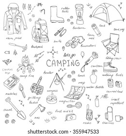 Set Of Hand Drawn Outdoor Camping Equipment Symbols And Icons, Hiking, Mountain Climbing Camping Doodle Elements Vector Illustration Camp Clothes, Shoes, Gear, Fireplace Camp Associated Things On Wood