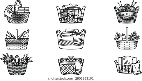 Set of hand drawn outline of baskets filled with firewood, yarn, books, wine, flowers, and blankets for home and picnic use