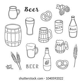 Set of hand drawn outline beer in mug, bottle, can and wooden keg isolated on white background.