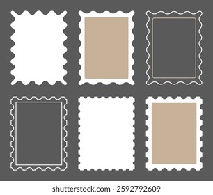Set hand drawn outline blank frame. Retro text box. Empty speech bubble on gray background, doodle postage stamp of different rectangle shape. Isolated Flat Vector EPS10 groovy style.