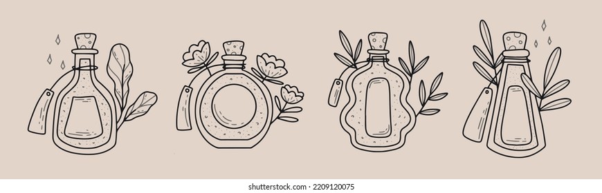 Set of hand drawn outline Bottles with Magic Potions. Vector Vintage Witchcraft elements	