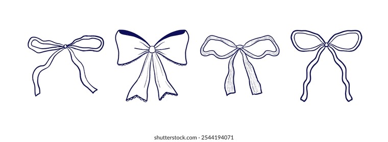 Set of hand drawn outline bows. Coquette ribbon bows in vector. Vintage bows for holiday decorations.