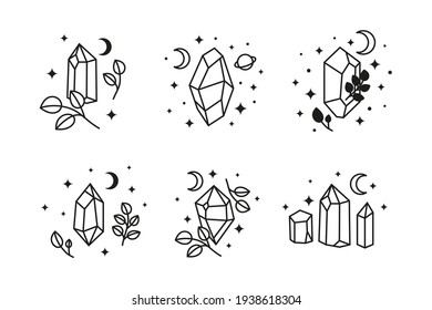 Set of hand drawn outline celestial crystals with leafy branches, stars and crescent moon isolated on white background. Sacred geometry. Alchemy esoteric magic talisman. Mystical symbol.