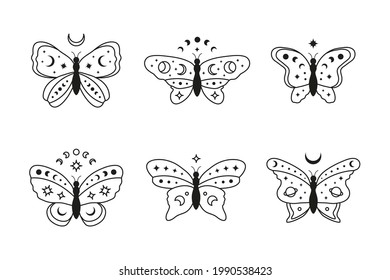 Set of hand drawn outline celestial butterfly with stars, crescent and moon phases isolated on white background. Witchy magic talismans. Mystical illustration.