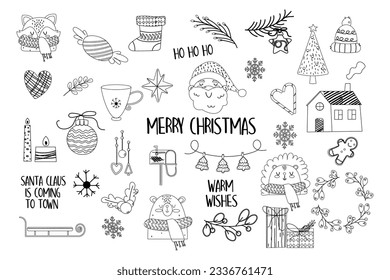 Set hand drawn outline christmas decoration with animals