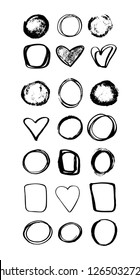 Set of hand drawn outline circles, frames, hearts, elements for design, vector