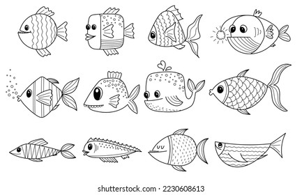 Set of hand drawn outline comic fish. Cute funny abstract fish for children coloring book. Vector black and white illustration isolated on white background.