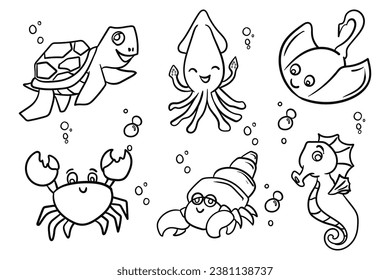 Set of hand drawn outline comic fish. Cute funny abstract fish for
children coloring book. Vector black and white sea animals illustration isolated on white background