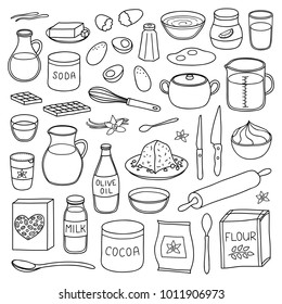 Set of hand drawn outline cooking, baking ingredients isolated on white background.